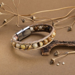 %100 Doğal 8 MM Jasper Taşlı Çelik ipli Bileklik Krom Mıknatıs Kapama