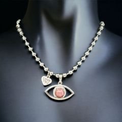 %100 Doğaltaş Pembe Kuvars Gümüş Göz Uçlu Kolye