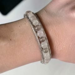 %100 Doğal Dumanlı 6 Mm Beyaz Akik Taşlı Çelik Halatlı Bileklik